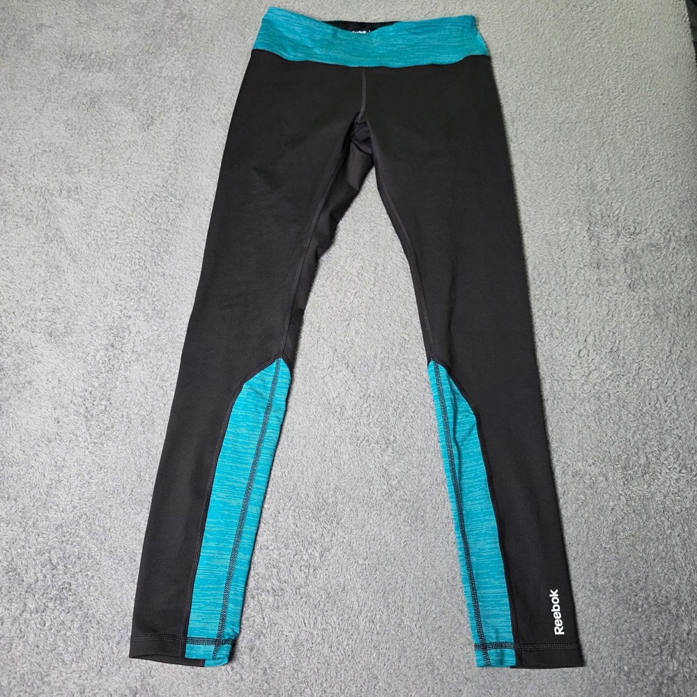 Reebok Womens M Leggings Black Teal Space Dye Trim Compression Athletic Pants